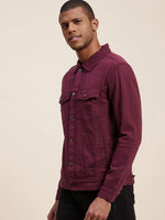 Men's Burgundy Solid Denim Jacket