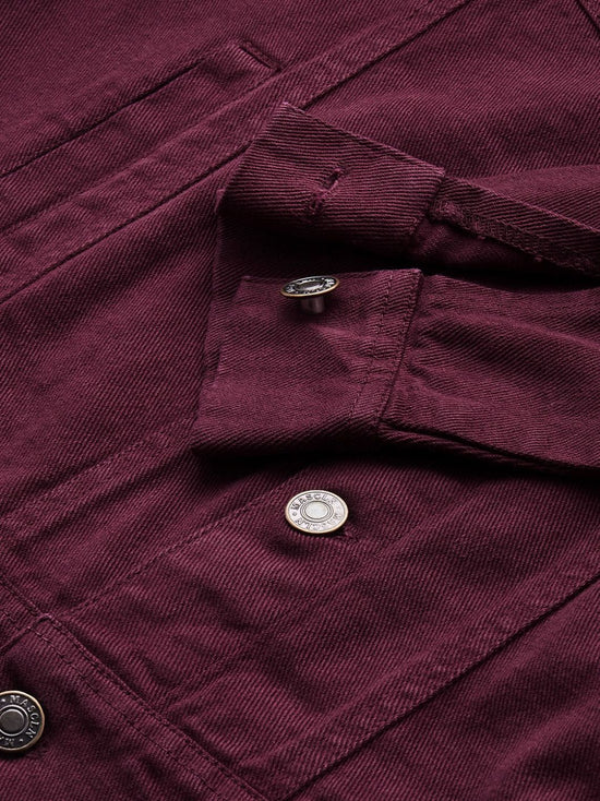 Men's Burgundy Solid Denim Jacket