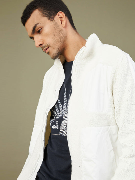 Men White Full Sleeve Faux Fur Jacket