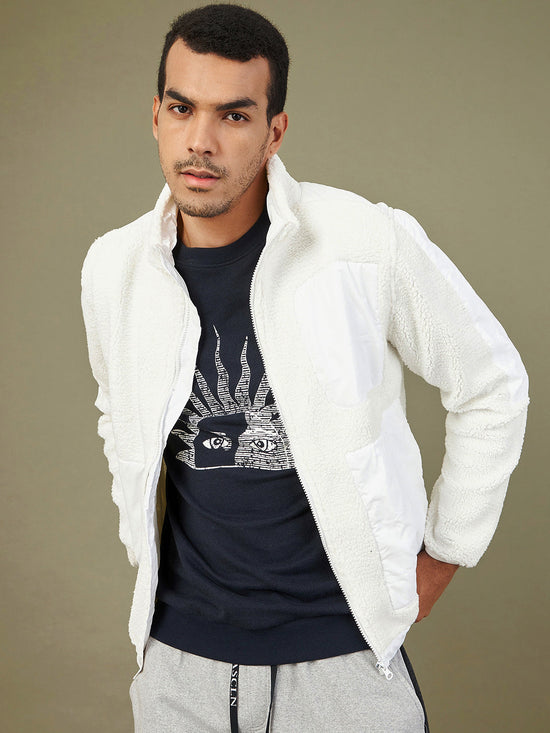 Men's White Full Sleeve Faux Fur Jacket