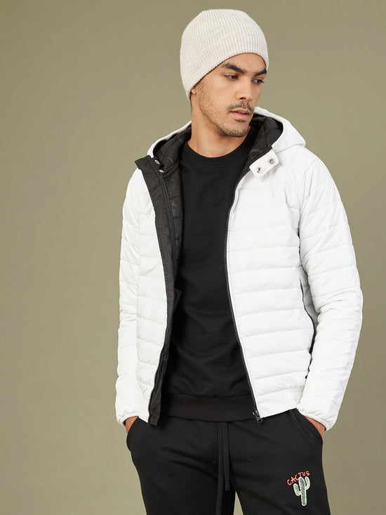 Men White Full Sleeve Puffer Hoodie Jacket