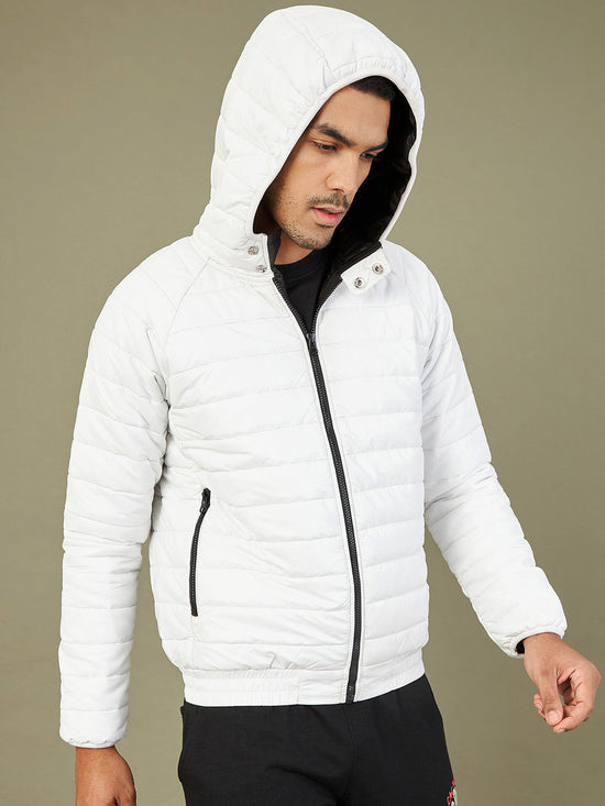 Men's White Full Sleeve Puffer Hoodie Jacket