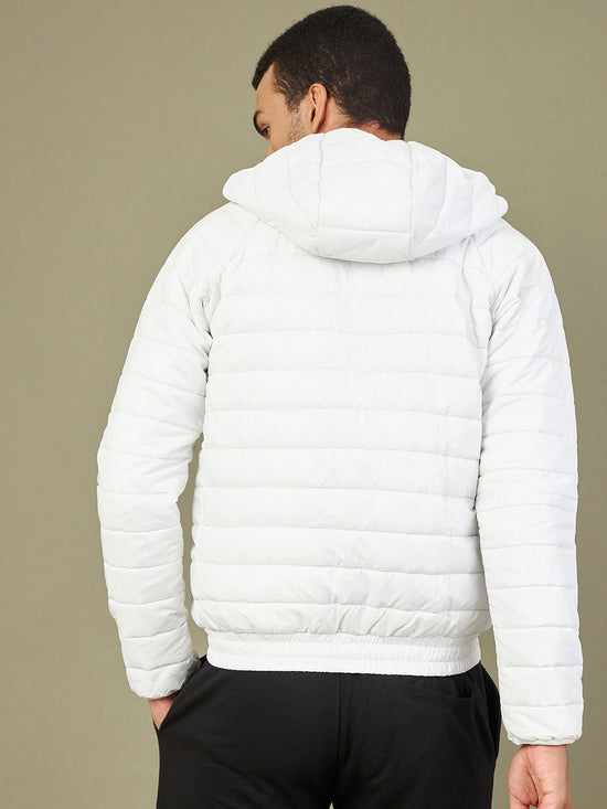 Men White Full Sleeve Puffer Hoodie Jacket