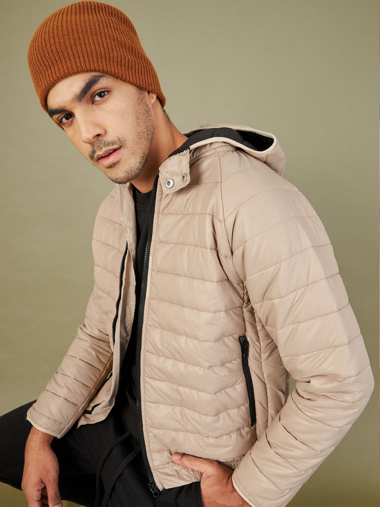 Men's Khaki Full Sleeve Puffer Hoodie Jacket