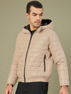 Men's Khaki Full Sleeve Puffer Hoodie Jacket