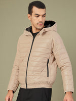 Men's Khaki Full Sleeve Puffer Hoodie Jacket