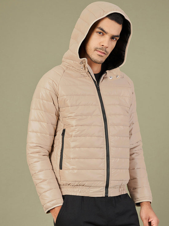 Men's Khaki Full Sleeve Puffer Hoodie Jacket