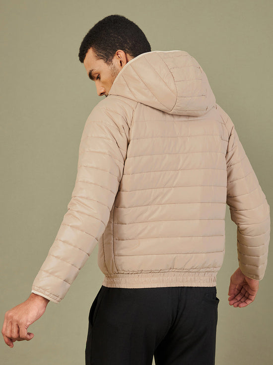 Men Khaki Full Sleeve Puffer Hoodie Jacket