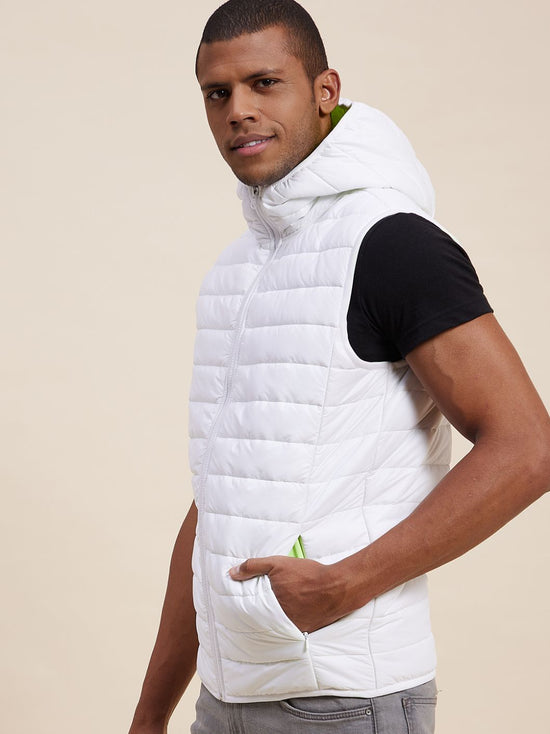 Men's White Sleeveless Puffer Hoodie Jacket