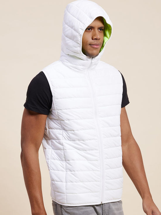 Men's White Sleeveless Puffer Hoodie Jacket