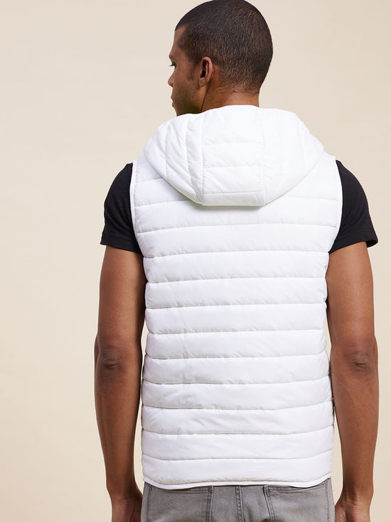 Men's White Sleeveless Puffer Hoodie Jacket