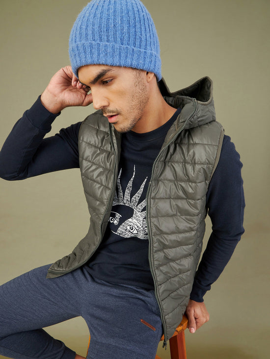 Men Olive Sleeveless Puffer Hoodie Jacket