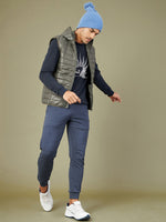 Men Olive Sleeveless Puffer Hoodie Jacket