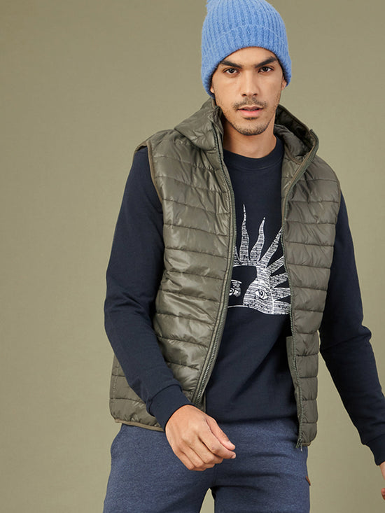 Men Olive Sleeveless Puffer Hoodie Jacket