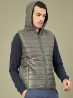 Men Olive Sleeveless Puffer Hoodie Jacket