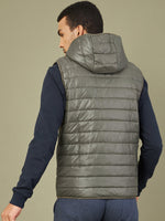 Men Olive Sleeveless Puffer Hoodie Jacket