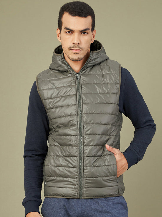 Men's Olive Sleeveless Puffer Hoodie Jacket