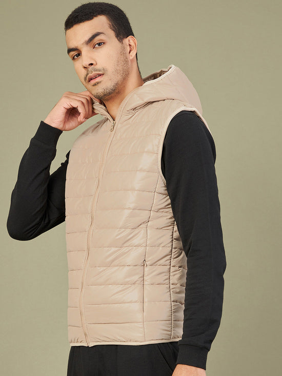 Men's Khaki Sleeveless Puffer Hoodie Jacket