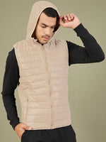 Men Khaki Sleeveless Puffer Hoodie Jacket