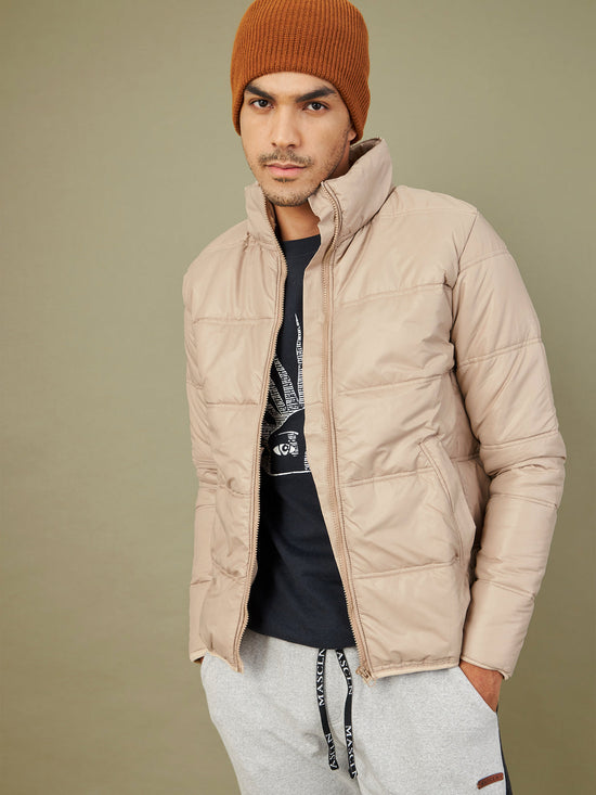 Men Khaki Full Sleeve Puffer Jacket