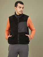 Men Black Sleeveless Faux Fur Jacket