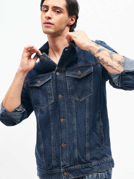 Men Blue Cut-Out Distressed Denim Jacket