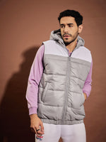 Men Grey & White Colorblock Sleeveless Hoodie Jacket