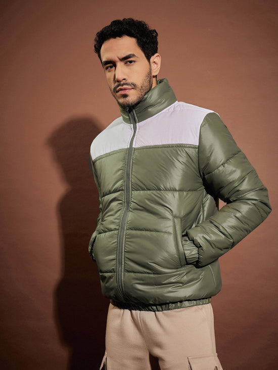 Men Olive & White Colorblock Puffer Jacket