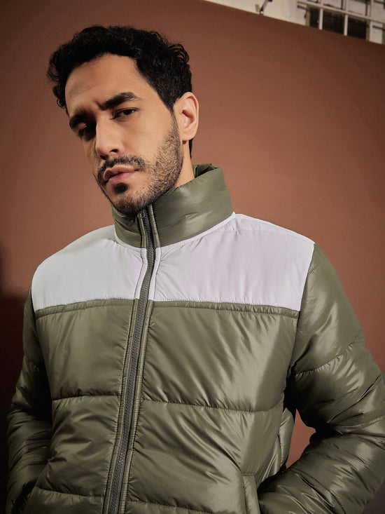 Men Olive & White Colorblock Puffer Jacket