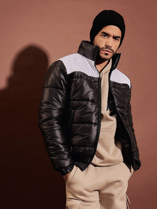 Men Black & White Colorblock Puffer Jacket