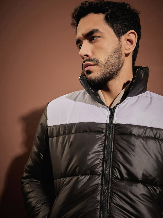 Men Black & White Colorblock Puffer Jacket