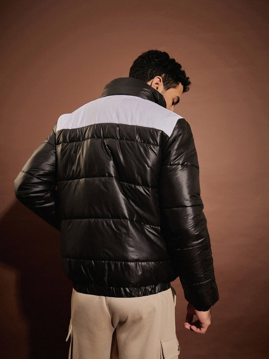 Men Black & White Colorblock Puffer Jacket