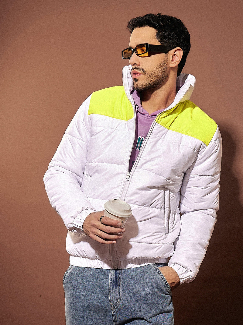 Men White & Yellow Colorblock Puffer Jacket