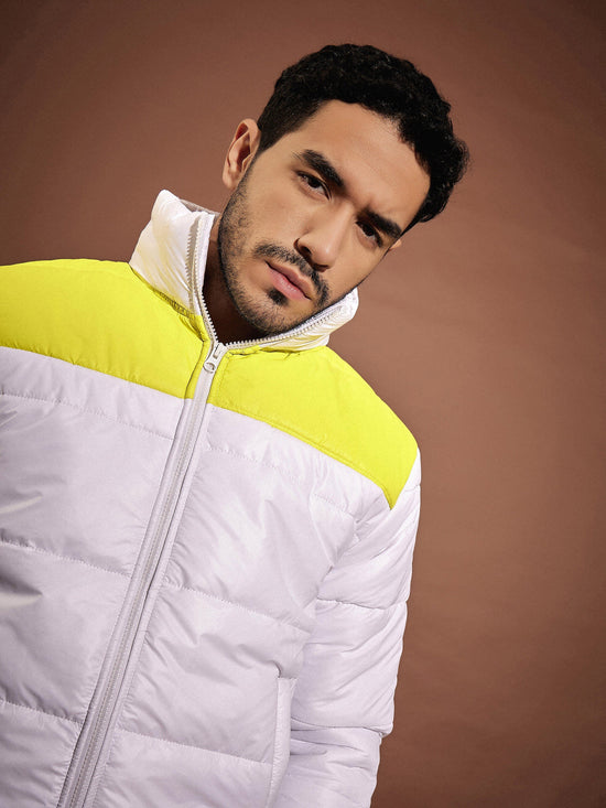 Men White & Yellow Colorblock Puffer Jacket