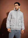 Men Grey Front Pocket Puffer Jacket