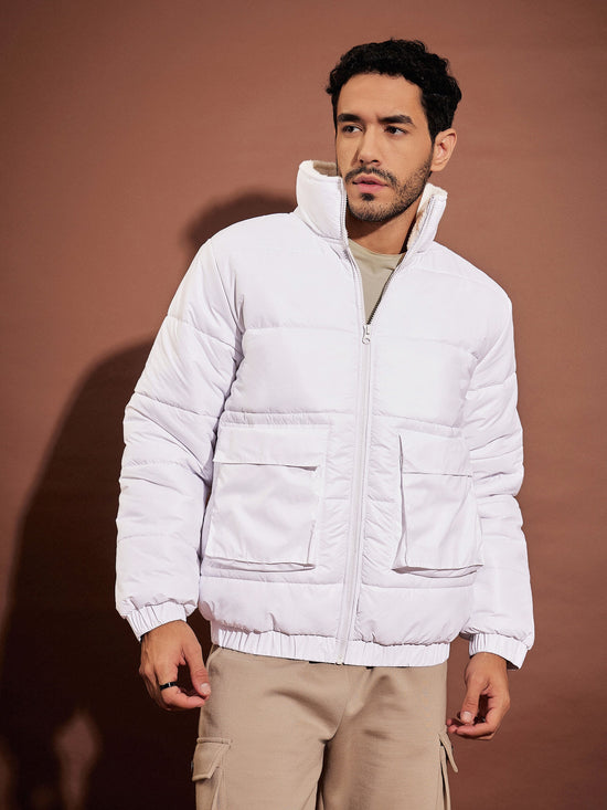 Men White Front Pocket Puffer Jacket