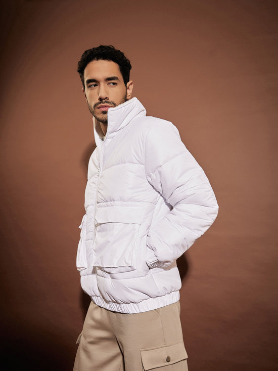 Men White Front Pocket Puffer Jacket