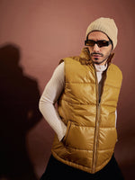 Men Khaki Fur Collar Sleeveless Puffer Jacket