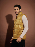 Men Khaki Fur Collar Sleeveless Puffer Jacket