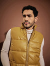 Men Khaki Fur Collar Sleeveless Puffer Jacket