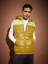 Men Khaki & Neon Yellow Colorblock Sleeveless Hoodie Jacket