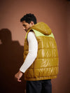 Men Khaki & Neon Yellow Colorblock Sleeveless Hoodie Jacket