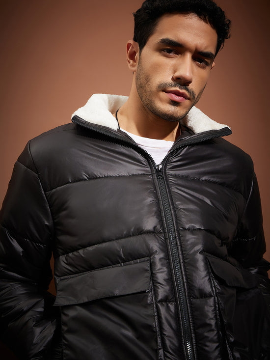 Men Black Front Pocket Puffer Jacket