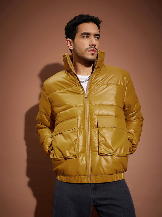 Men Khaki Front Pocket Puffer Jacket