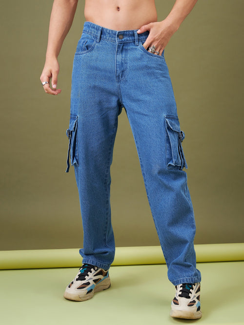 Men Ice Blue Box Pocket Relax Fit Jeans