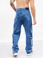 Men Blue Washed Utility Pocket Relax Fit Jeans