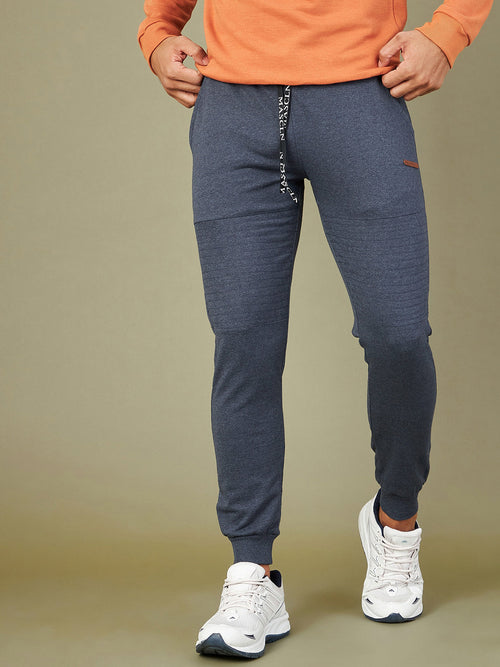 Men Blue Melange Relax Fit Stitch Detail Joggers