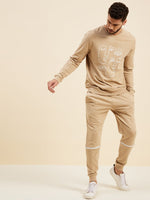 Men Beige Relax Fit Zipper Detail Joggers