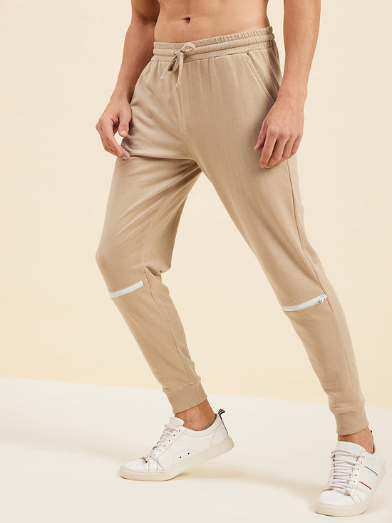 Men Beige Relax Fit Zipper Detail Joggers