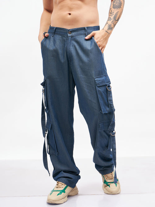 Men Blue Tencel Side Pocket Pants